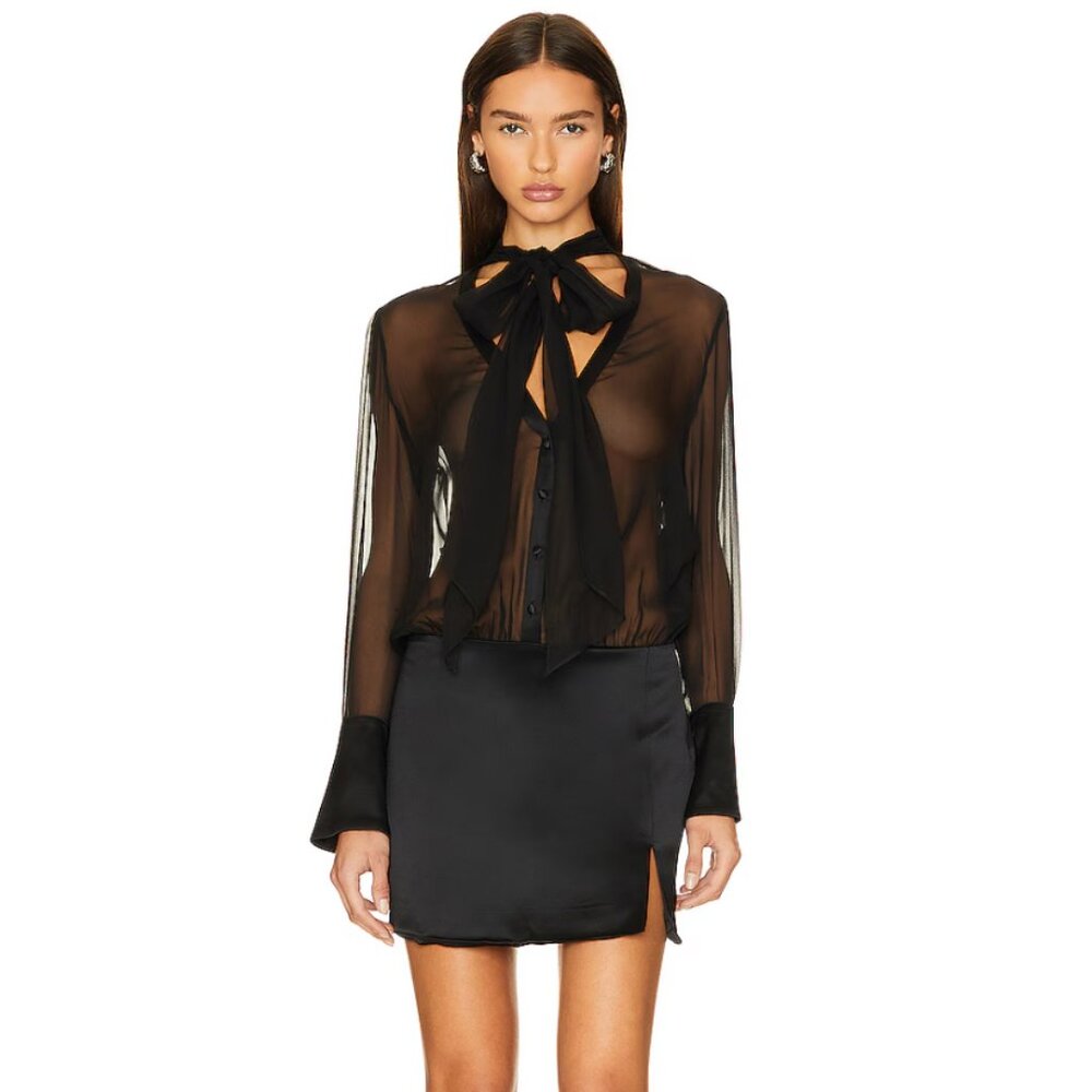 Retrofete Black Sheer Bow-Neck Mini Dress